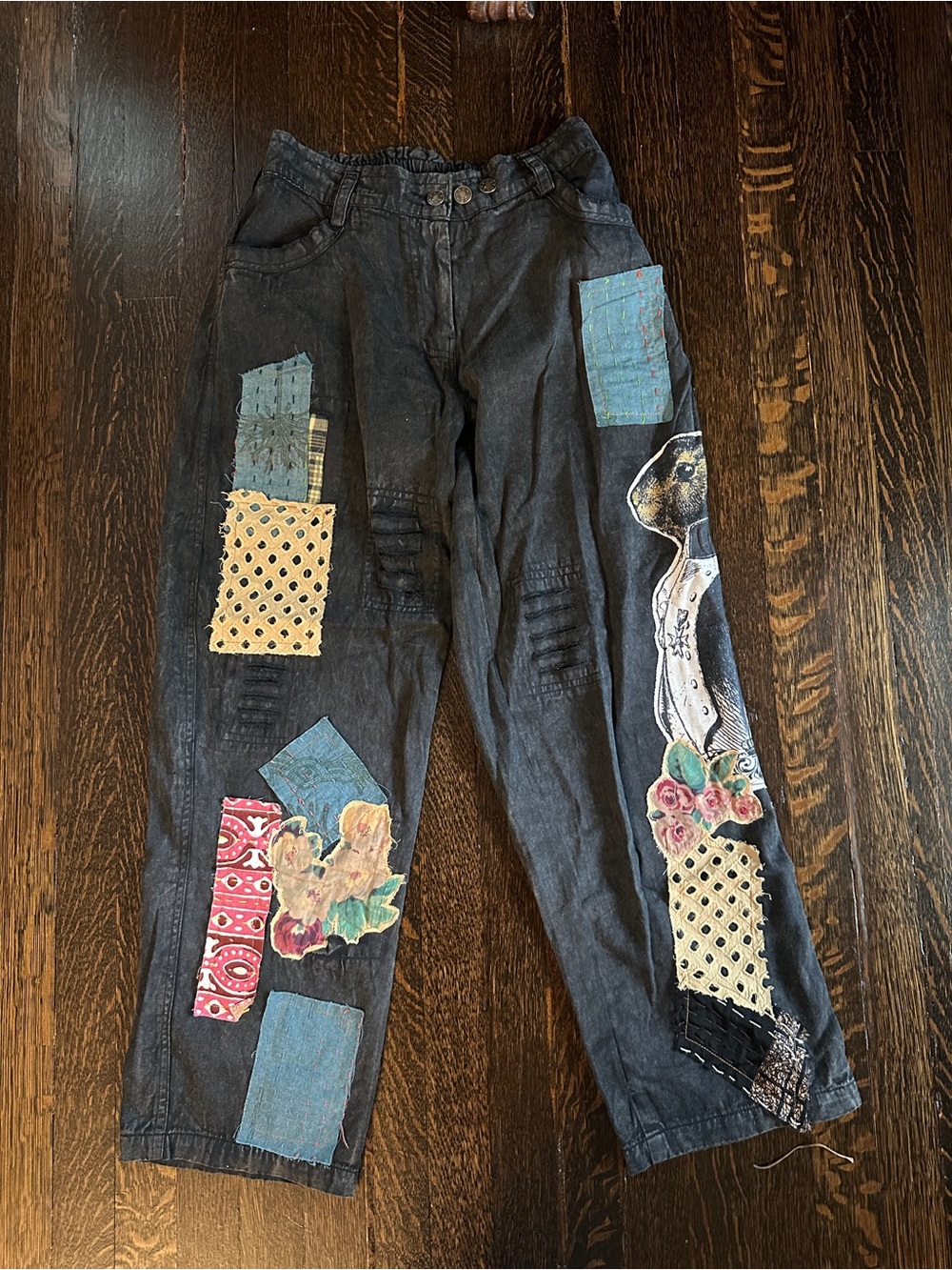 Black Patchwork Boyfriend Jeans with Floral Appliqué and Bunny